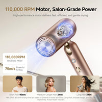 dreame Pocket Pro Hair Dryer, Dual Voltage Travel Blow Dryer with Diffuser, 1300W Professional HighSpeed Ionic Hair Blower, Fast Drying, Low Noise, Lightweight, No Heat Damage, Global Travel 120V/240V