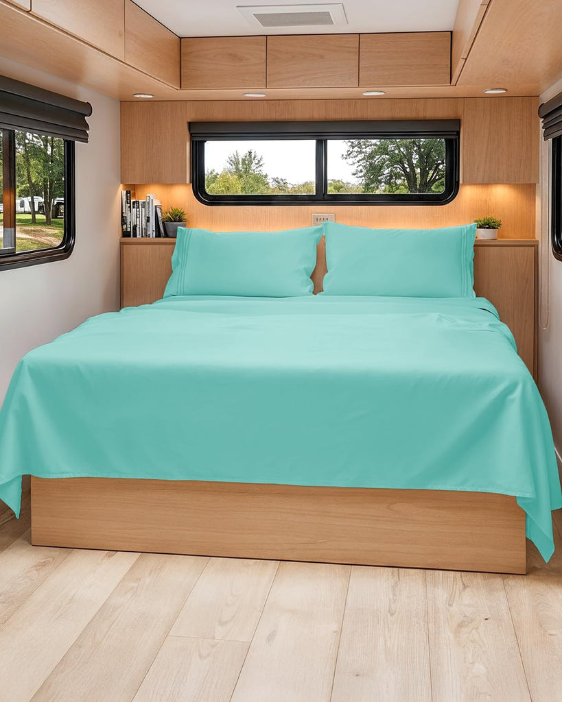 Short Queen Size 4 Piece Bed Sheet Set - RV Short Queen Sheets - Spa Blue