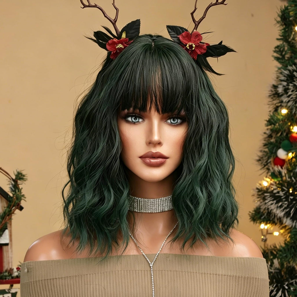 PHOENIXFLY Dark Green Short Wavy Bob Synthetic Wig with Bangs for Women