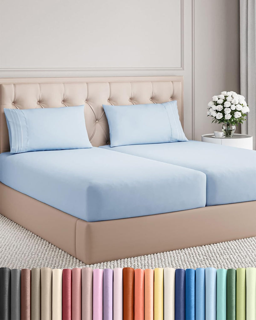 Split King Size 5 Piece Sheet Set - Breathable & Cooling Sheets - Sky Blue