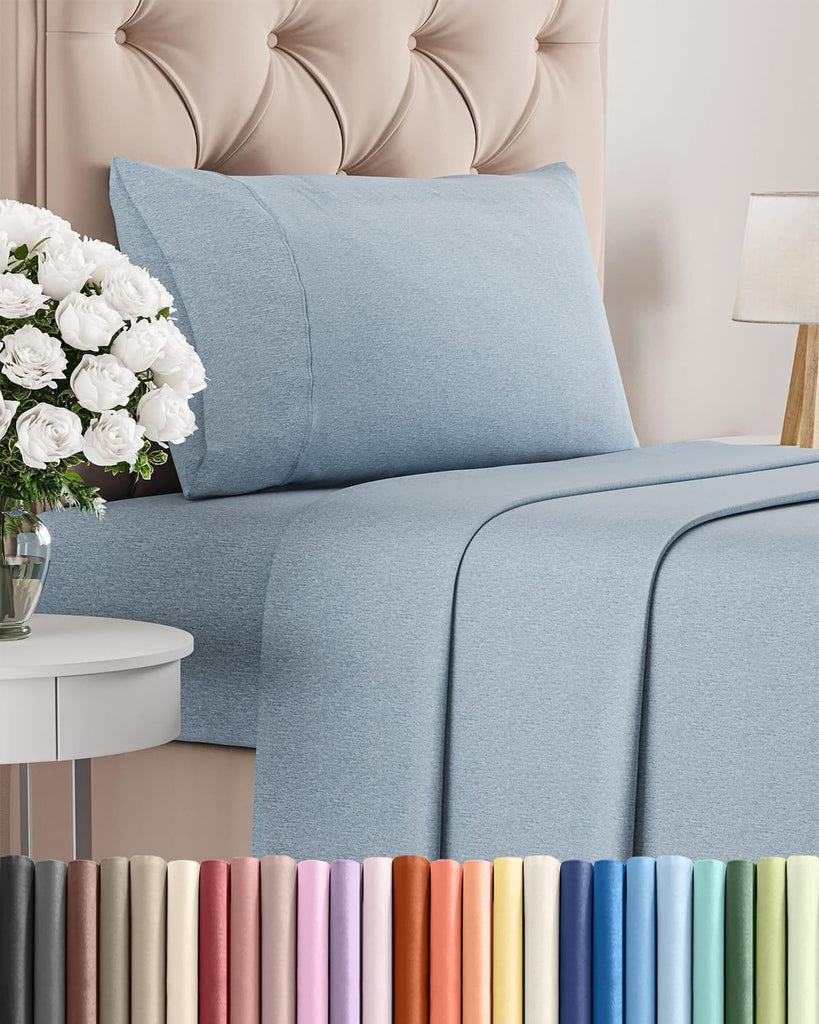 Twin Size 3 Piece Sheet Set - Breathable & Cooling Sheets - Heathered Blue