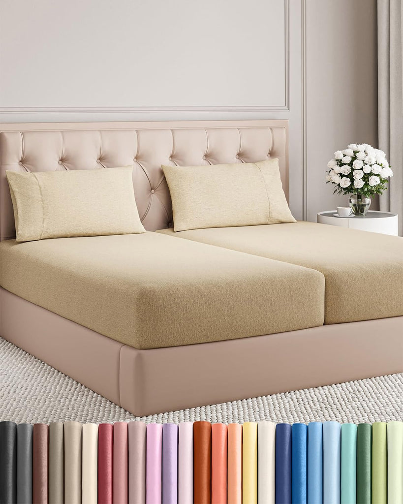 Split King Size 5 Piece Sheet Set - Breathable & Cooling - Heathered Tan