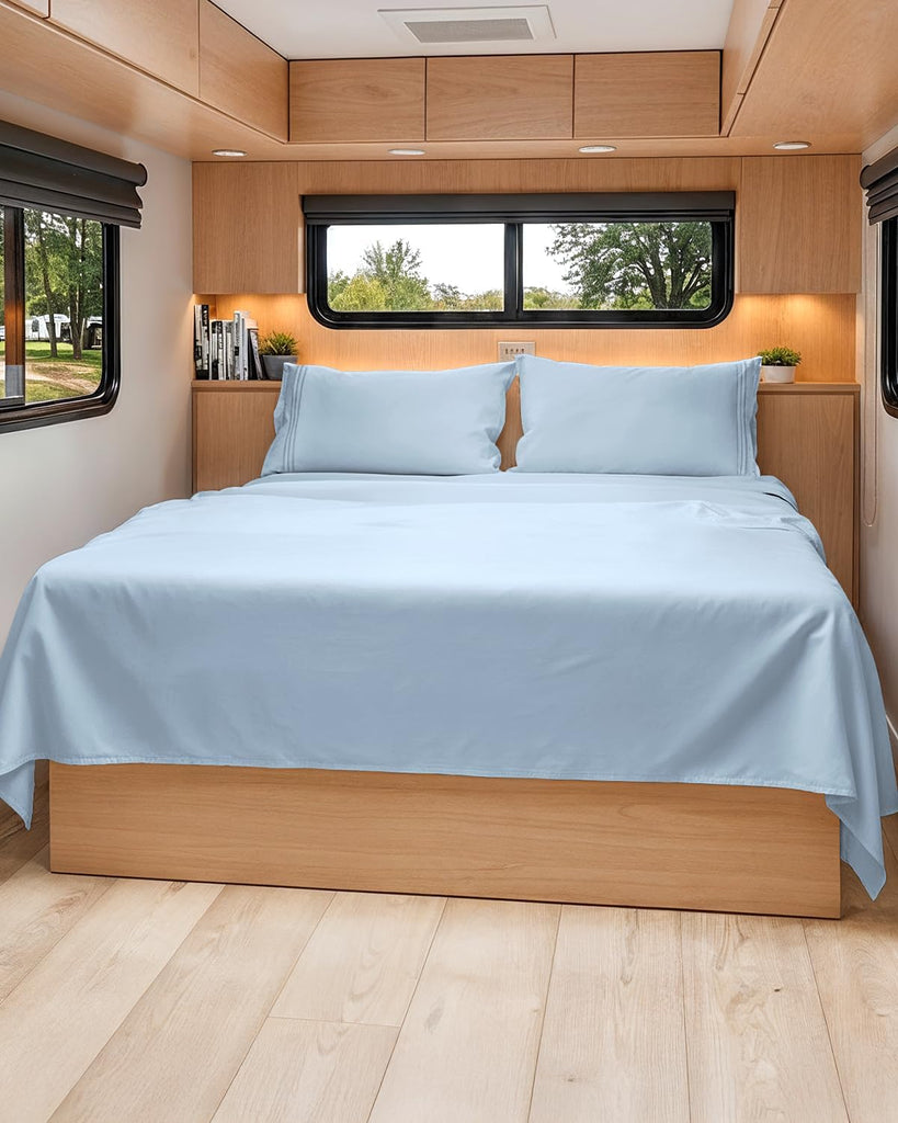 Short Queen Size 4 Piece Bed Sheet Set - RV Short Queen Sheets - Sky Blue