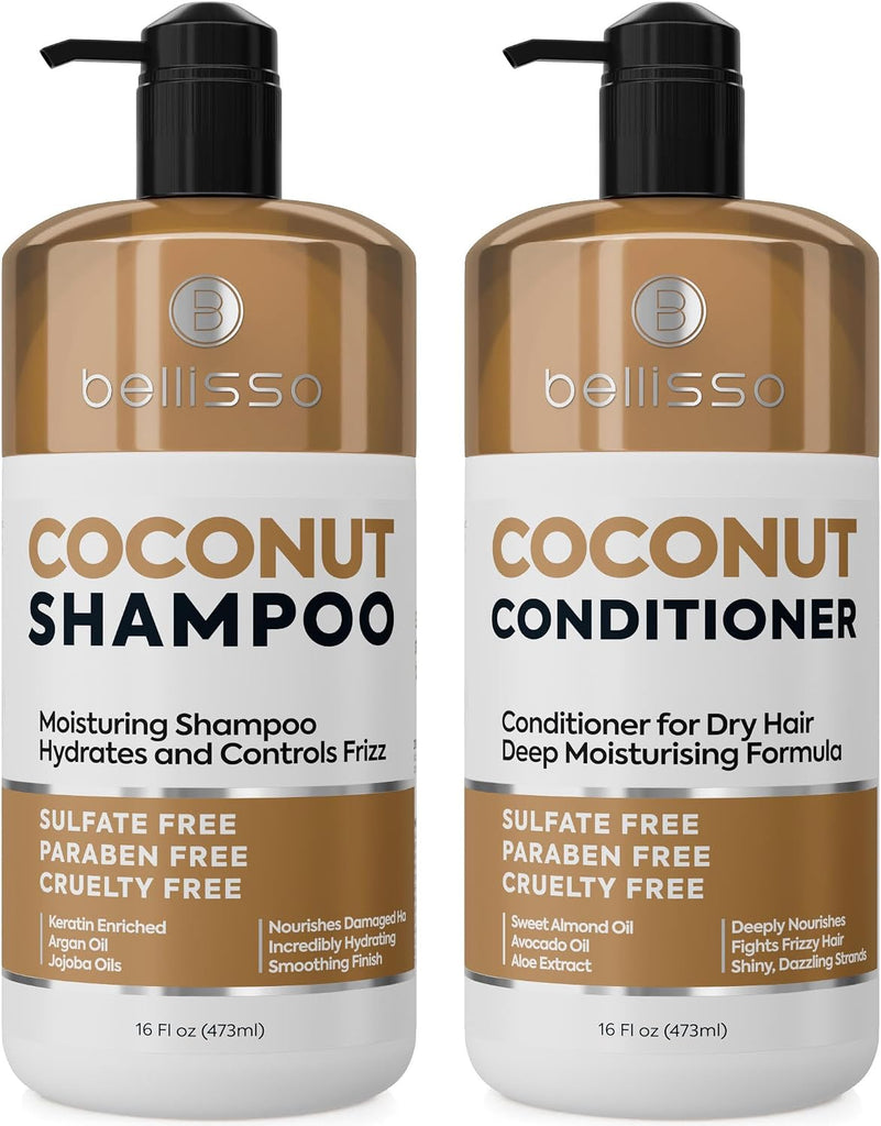 Coconut Shampoo and Conditioner Set - Sulfate Free, Deep Moisturizing, Hydrating, Anti Frizz Formula for Women and Men -