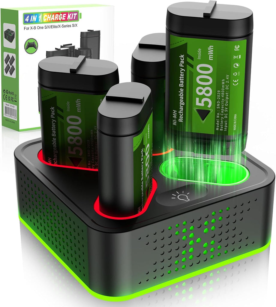 NBSoul Rechargeable Battery Pack for Xbox One/Series X/S,4 x 5800mWh Rechargeable Batteries with RGB Charger Station,Fas