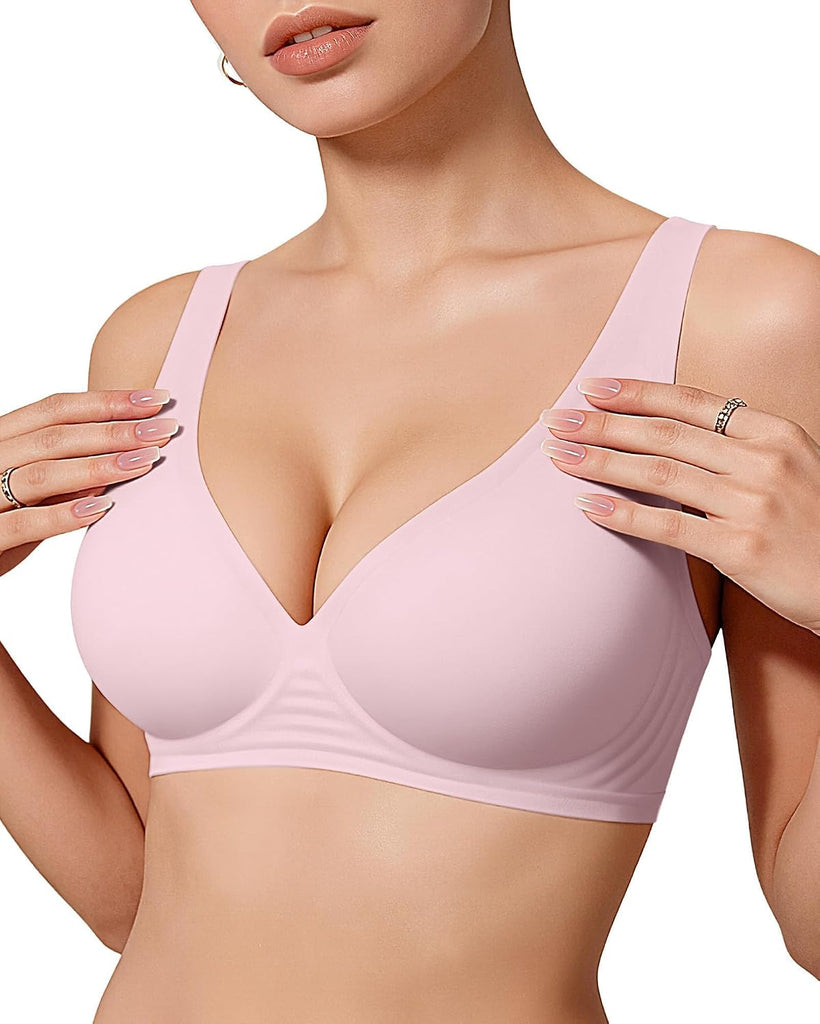 OEAK Womens Jelly Bras Wireless Deep V Comfy Push Up Tshirt Bras PNK M Pink