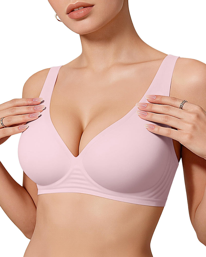 OEAK Womens Jelly Bras Wireless Deep V Comfy Push Up Tshirt Bras PNK 3XL