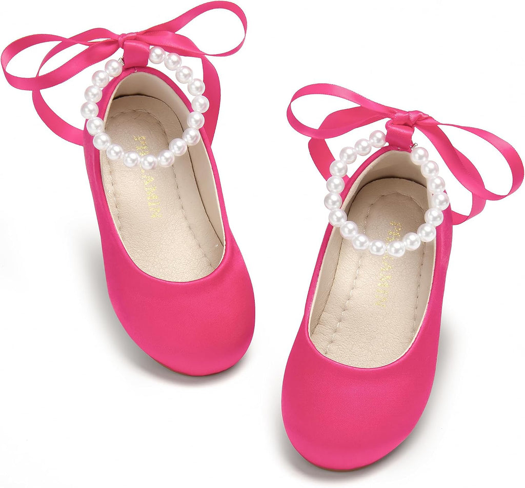 PHIRAMIN Toddler Flower Girl Satin Rose Red Dress Shoes - Little Girl Ballet Flats Size 7 Pearl Wedding Party