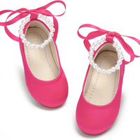 PHIRAMIN Toddler Flower Girl Satin Rose Red Dress Shoes - Little Girl Ballet Flats Size 7 Pearl Wedding Party