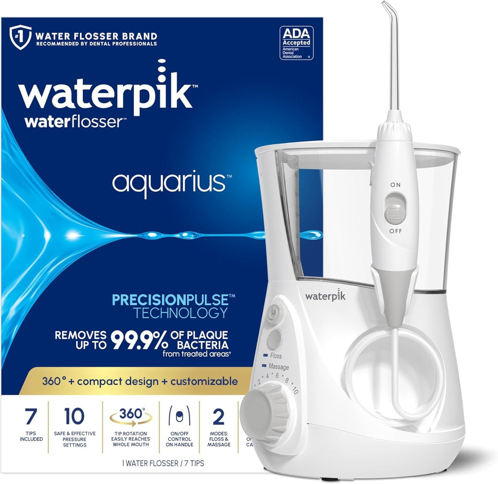 Waterpik Aquarius - Hilo dental de agua para limpieza de dientes, encías, brackets, cuidado dental, energía eléctrica con 10 configuraciones, 7 puntas para múltiples usuarios y necesidades