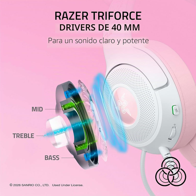 Razer Kraken Kitty V2 USB Wired Headset: Hello Kitty Ears - Chroma RGB Stream Reactive Lighting, HyperClear Cardioid Mic, 7.1 Surround Sound, Triforce 40mm Drivers - Hello Kitty Edition