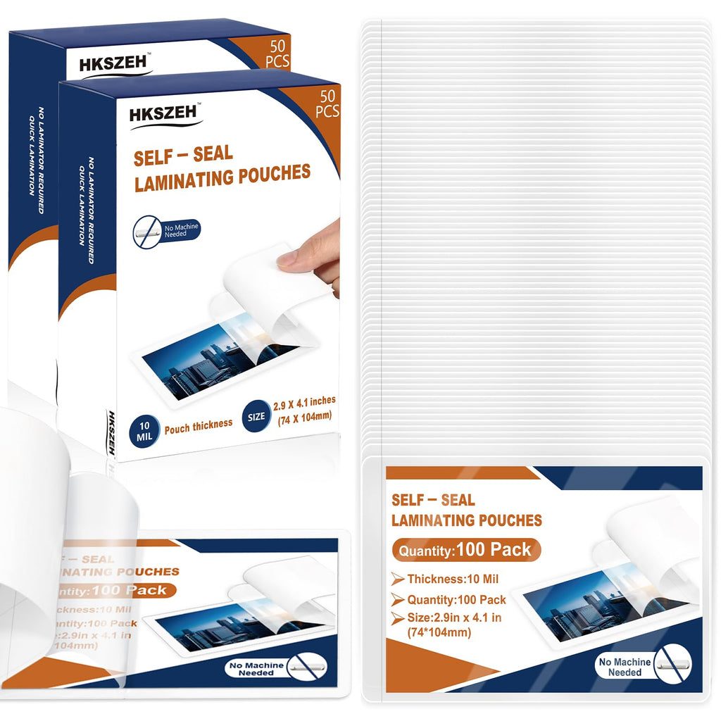 100 Pack 10 Mil 2.9"x4.1" Self Sealing Laminating Pouches for 2.5“ x 3.5” Card Plastic Laminating Sheets Business Card Size Clear Lamination Paper for Office School Home Supplies（No Laminator Need)