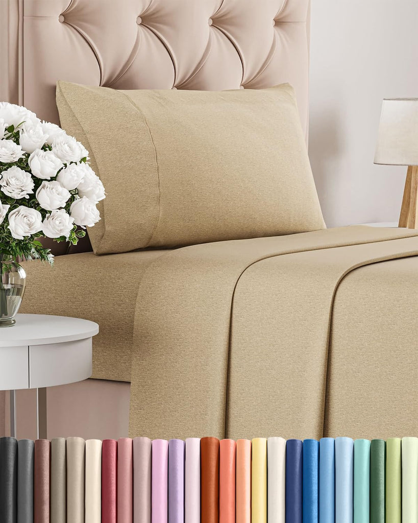 Twin Size 3 Piece Sheet Set - Breathable & Cooling Sheets - Heathered Tan