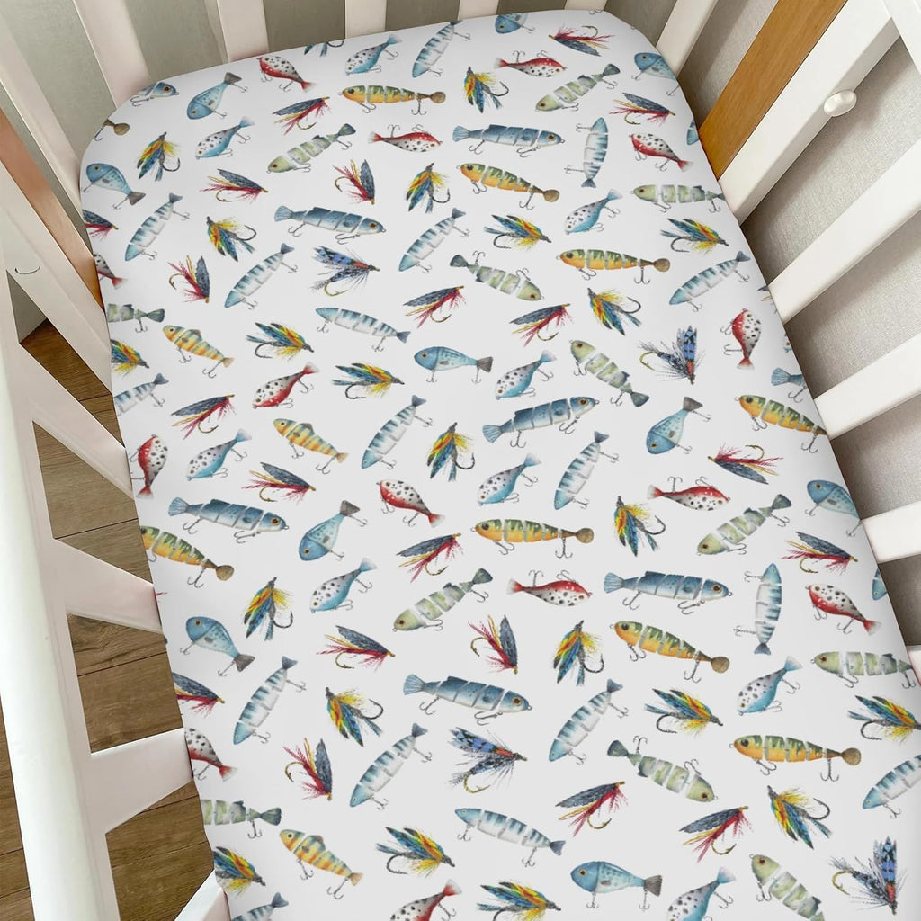 Watercolor Lures Flys Baby Crib Sheets for Boys Girls Fishermen Lures Hooks Soft Snug Fitted Crib Mattress Covers for 52