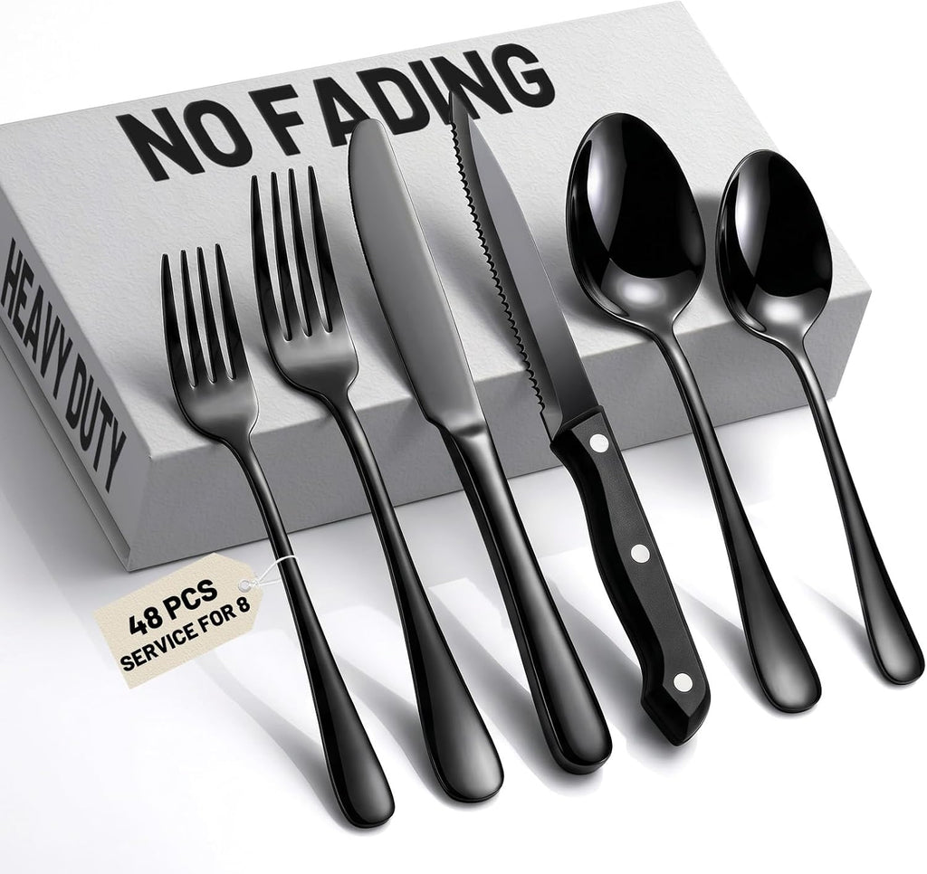 48 PCS NO-FADING Black Silverware Set with Steak Knives, Flatware for 8