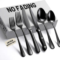 48 PCS NO-FADING Black Silverware Set with Steak Knives, Flatware for 8