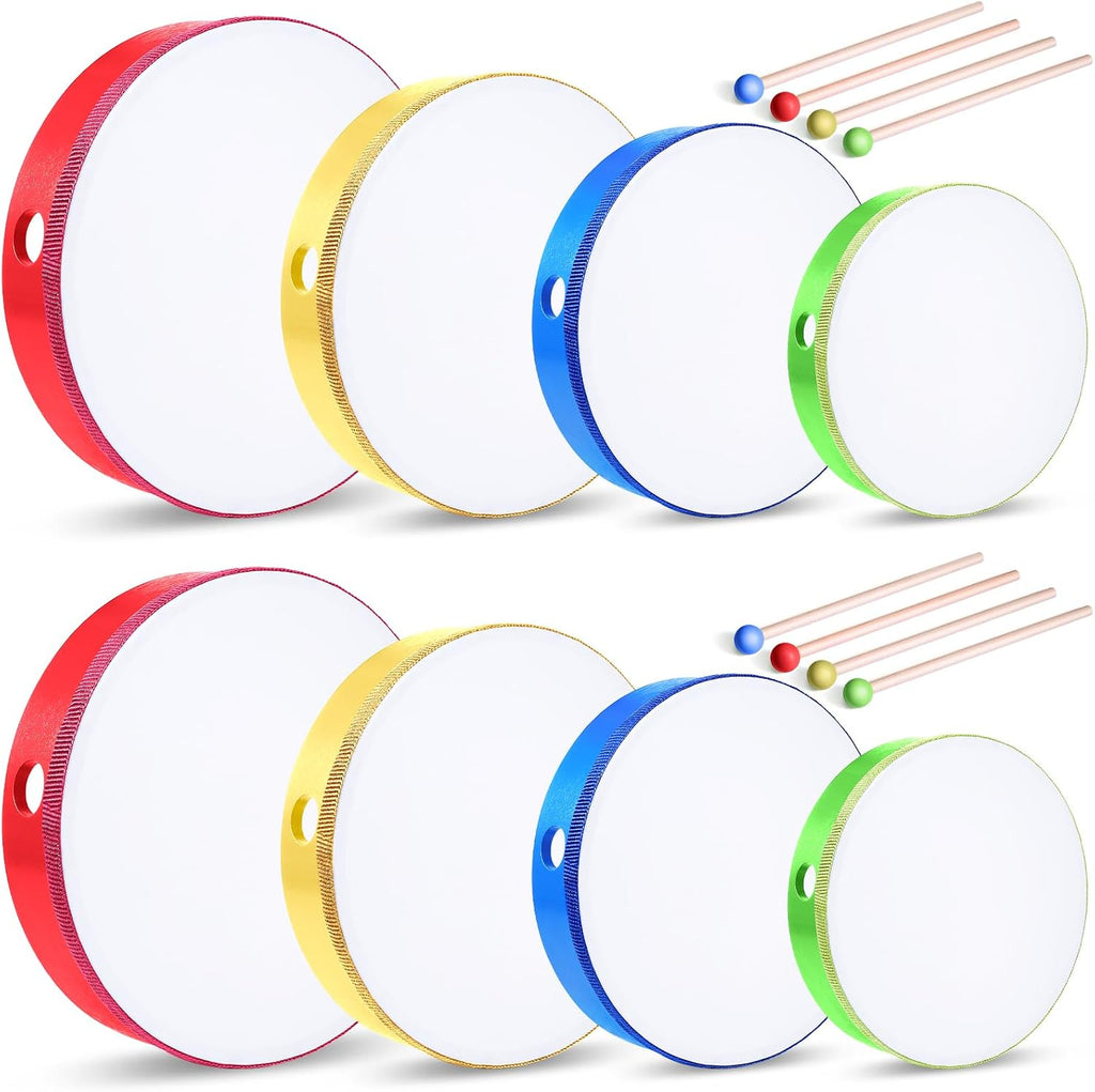 Boao 8 Pcs Hand Drums Percussion Wood Frame Drums with Stick 12 10 8 6 Inch Musical Instruments for Educational Percussi