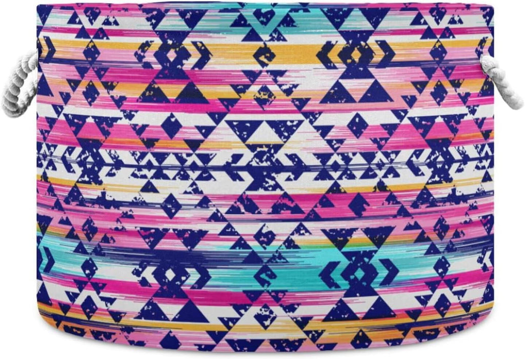 LEANSHSA Colorful Aztec Print Collapsible Round Storage Basket with Handles