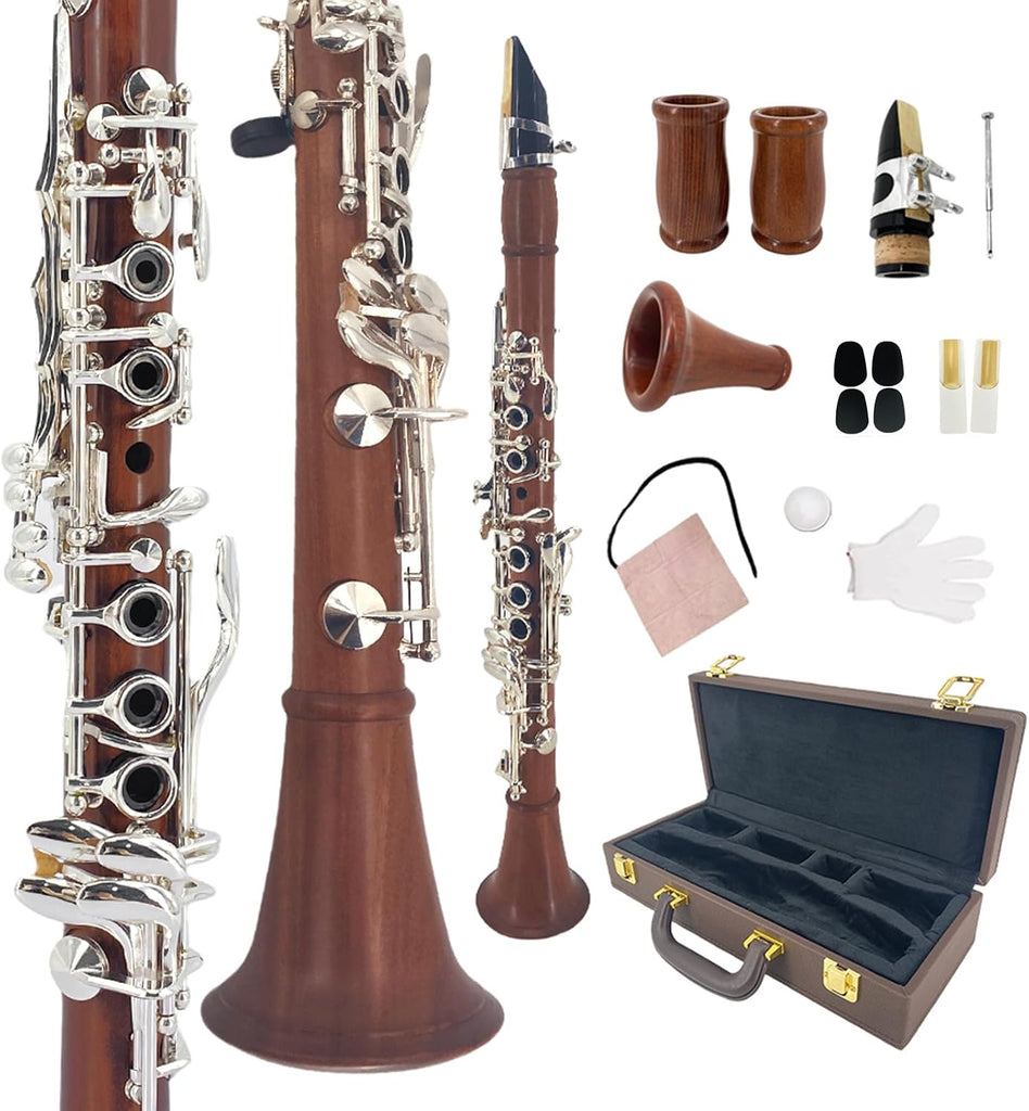 YoungMonic Rosewood E Flat Clarinets with Silver Plated Keys and 2 Barrels, Warm and Rich Tone for Solo & Ensemble Inclu