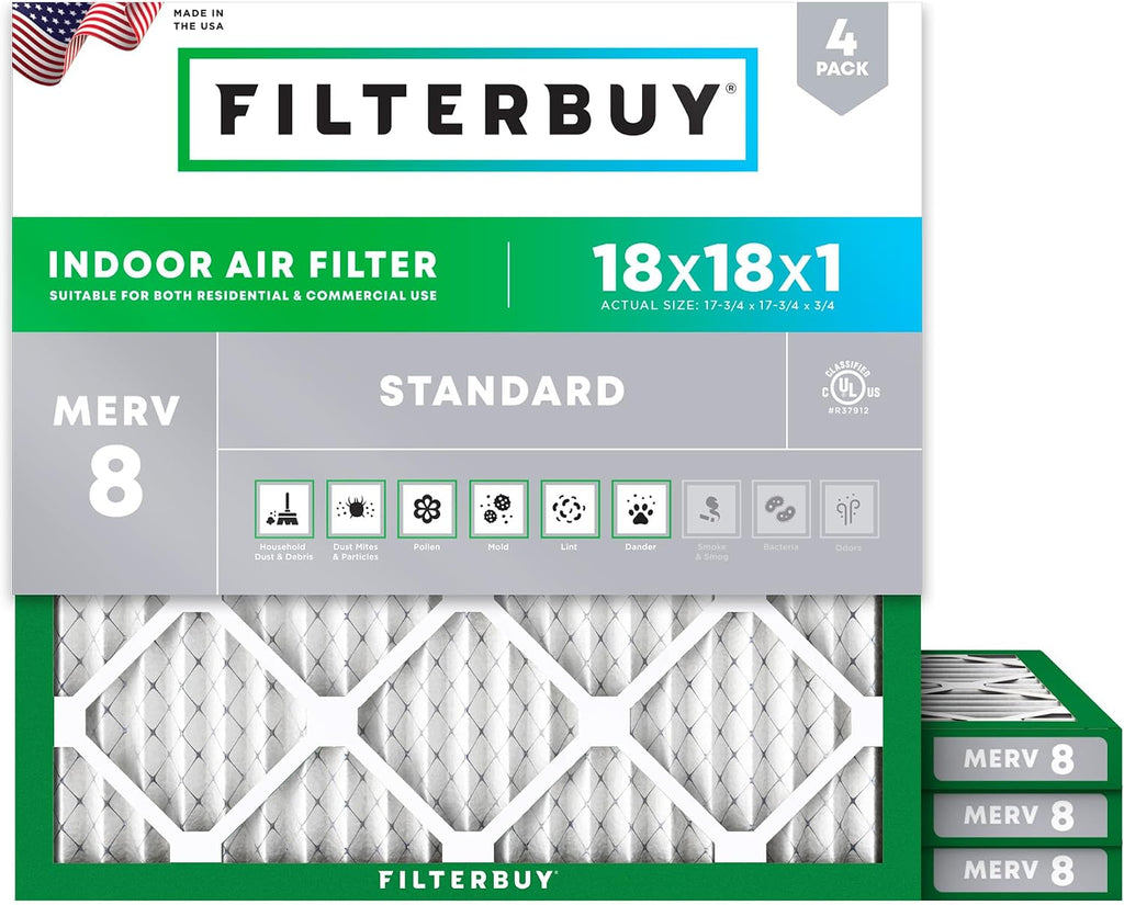 Filterbuy 18x18x1 Air Filter MERV 8 Dust & Allergy Defense (4-Pack)