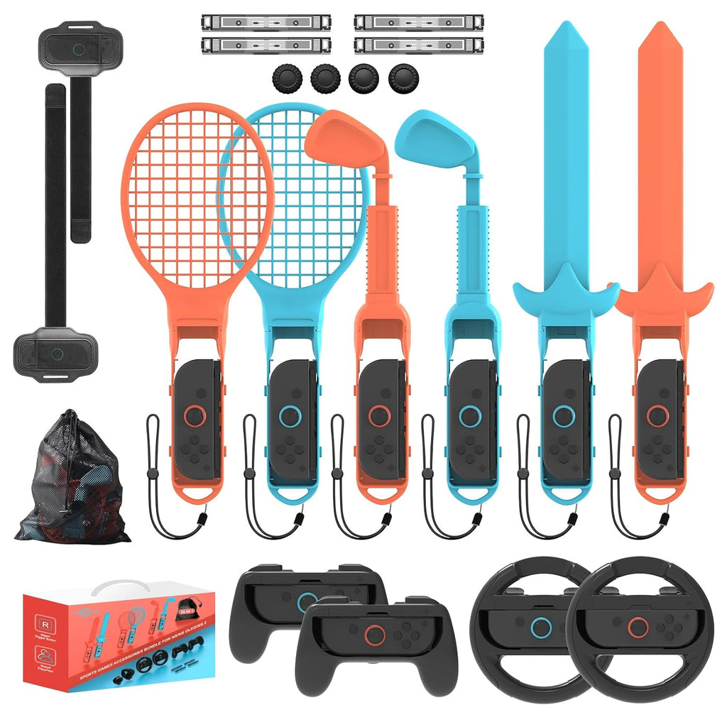 Switch 2/1 Sports Accessories,KEPLUG 20 in 1 Sports Bundle for Nintendo Switch 2/1 with 2 Joycon Grips 2 Steering wheels