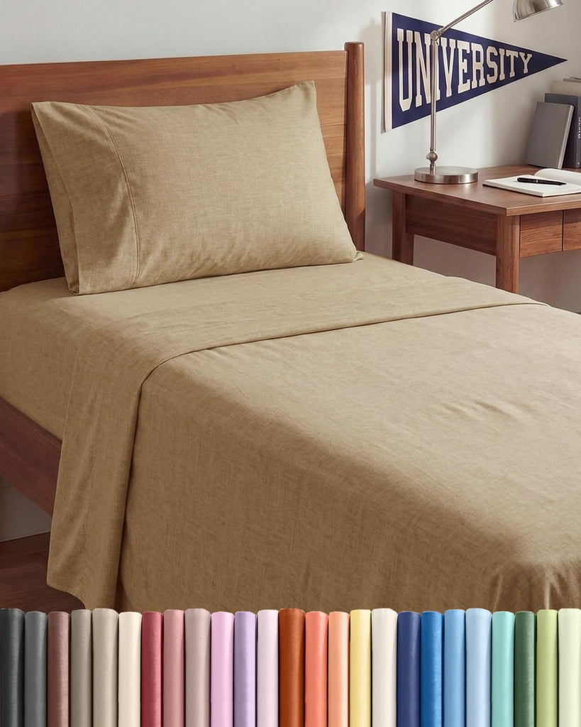 Twin XL 3 Piece Sheet Set - College Dorm Room Essentials - Heathered Tan