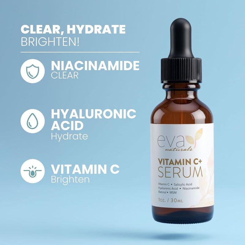 Eva Naturals Suero de vitamina C Plus, 2 % retinol, 3,5 % niacinamida, 5 % ácido hialurónico, 2 % ácido salicílico, 10 % MSM, 20 % vitamina C, suero para limpieza de piel, reparador de piel antienveje