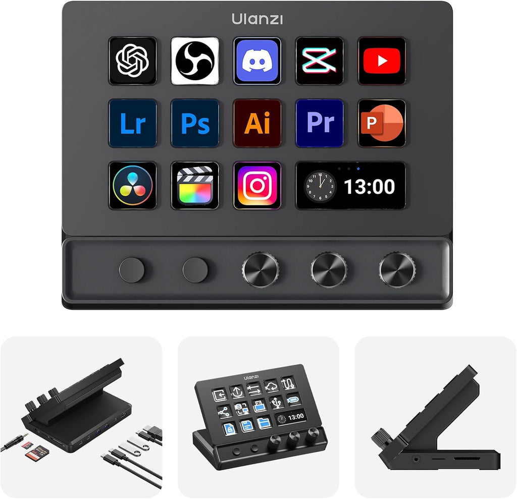 ULANZI D200X Creative Deck Macro Keyboard, 14 LCD Keys & 3 Encoder Knobs, 8-in-1 Hub w 4K HDMI, 3.5mm Audio, SD/TF Reader, USB 3.2 10Gbps, for Video Editing/Streaming/Smart Home PC, Mac