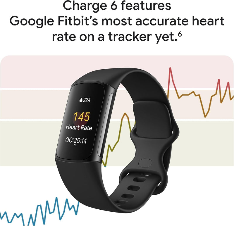 Fitbit Charge 6 Fitness Tracker with Google Apps - Heart Rate on Exercise Equipment - 3-Month Google Health Premium Membership Included - Health Tools - Obsidian/Black - Small&Large Bands Included