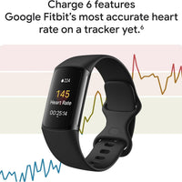 Fitbit Charge 6 Fitness Tracker with Google Apps - Heart Rate on Exercise Equipment - 3-Month Google Health Premium Membership Included - Health Tools - Obsidian/Black - Small&Large Bands Included