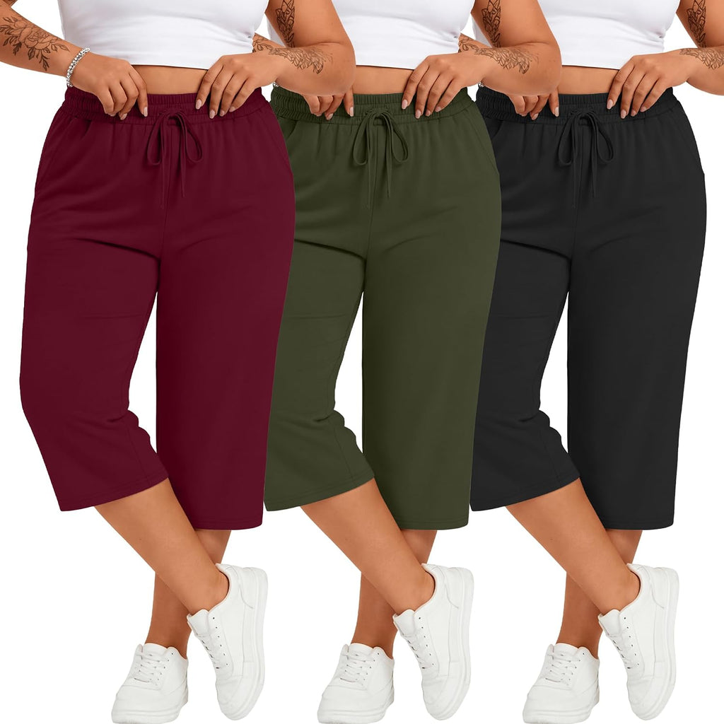 Neer 3 Pack Women's Plus Size Cotton Capris, 3-Color, 5X-Large