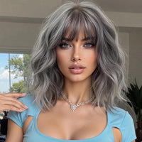 PHOENIXFLY Grey Short Wavy Bob Synthetic Wig with Bangs for Women
