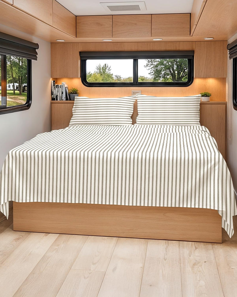 Short Queen Size 4 Piece Bed Sheet Set - RV Short Queen - Beige Stripes