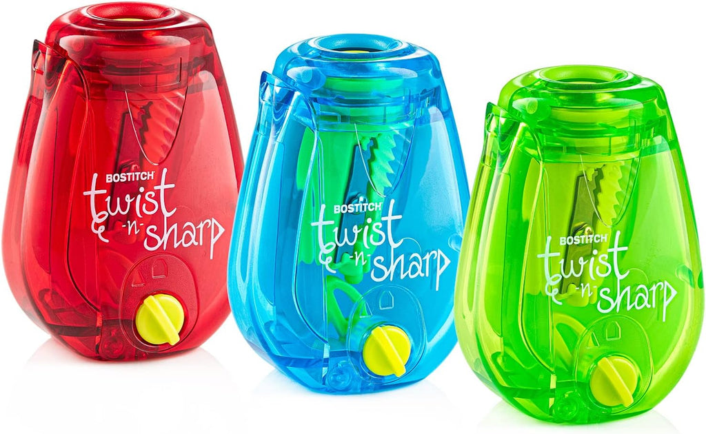 Bostitch Office Pencil Sharpener, Manual, Twist-n-Sharp with Shavings Tray, Kids, Boys, Girls, Colored Pencils, 3-Pack,