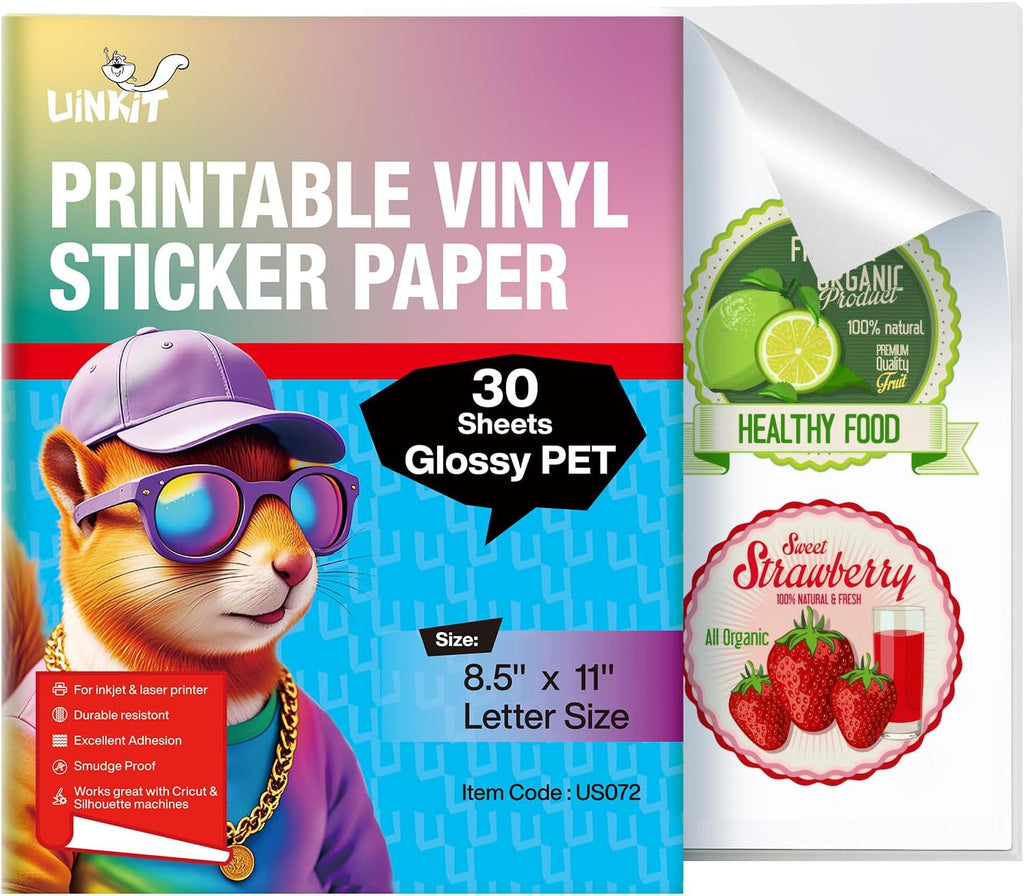 Uinkit Glossy PET Vinyl Sticker Paper Letter Size 8.5x11, 30 Sheets