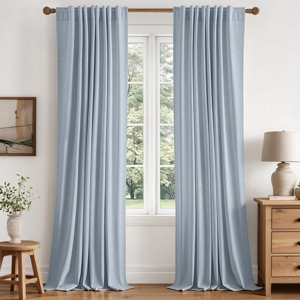 MIULEE 100% Blackout Linen Curtains for Bedroom 40W x 108L Light Blue