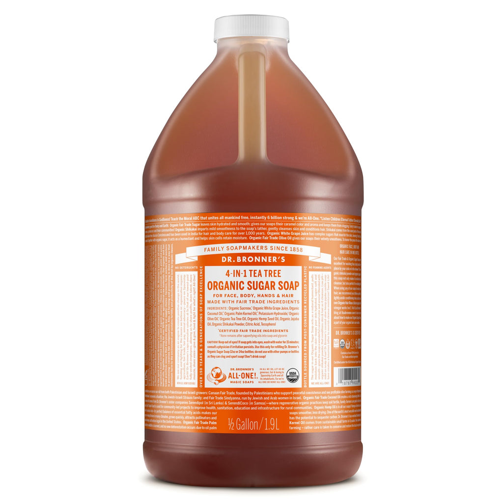 Dr. Bronner's - Organic Sugar Soap (Tea Tree, 64 Ounce) - Made with Organic Oils, Sugar and Shikakai Powder, 4-in-1 Uses: Hands, Body, Face and Hair, Cleanses, Moisturizes and Nourishes, Vegan