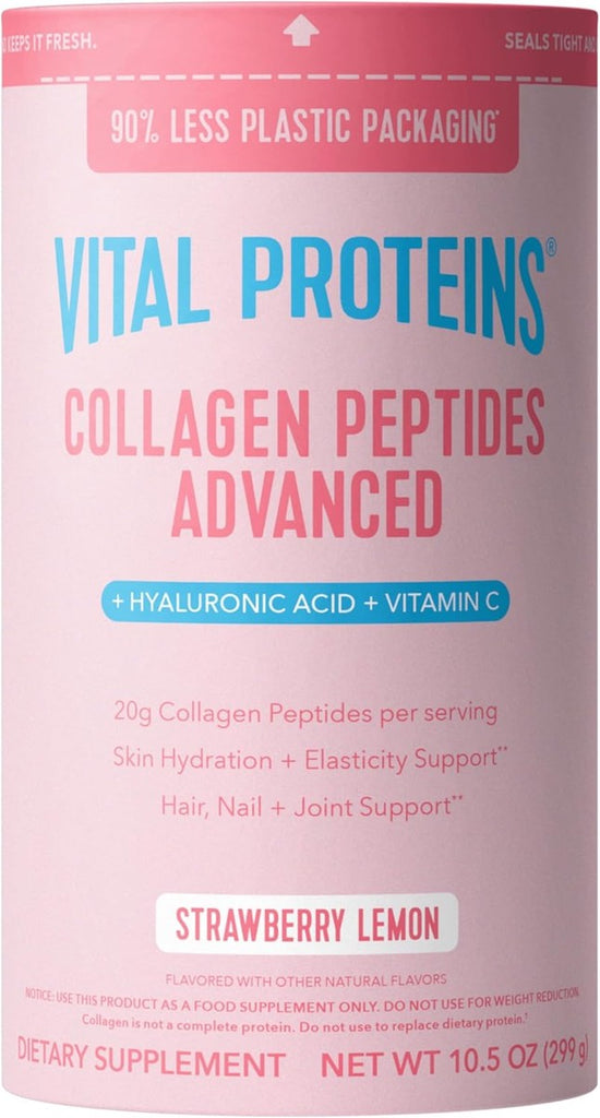 Vital Proteins Péptidos de colágeno avanzados, péptidos hidrolizados con ácido hialurónico y vitamina C - Polvo de sabor a limón y fresa, 10.5 onzas
