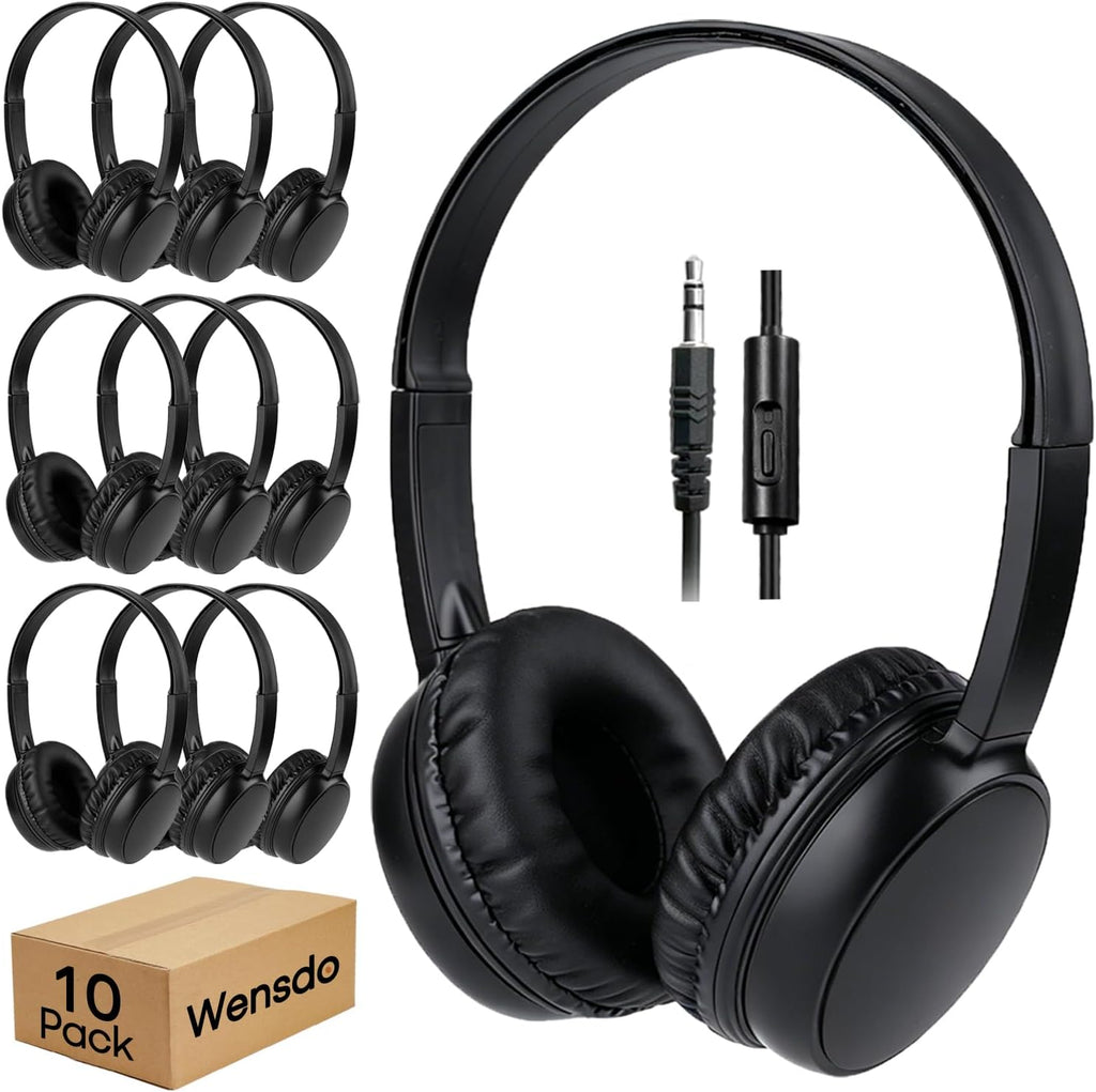 Wensdo 10 Pack Bulk Headphones with Mic for School Classroom Kids, Wholesale Durable Wired On-Ear Headset for Students T