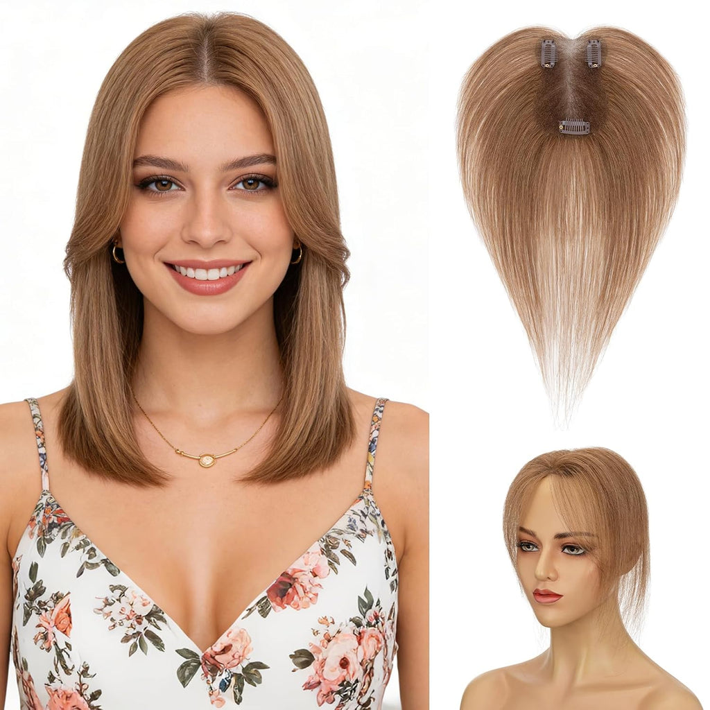 Hairro Real Hair Toppers For Women Human Hair No Bang Middle Part Side Bangs Hair Clip Wispy Thin Short Wiglet Hairpieces 11 Inches 14g #06 Light Brown