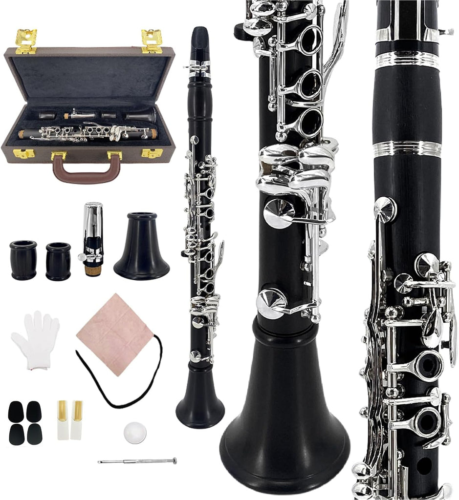 YoungMonic Professional Ebony Wood E Flat Black Clarinets with Silver Plated Keys for Symphony & Advanced Players Includ