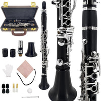 YoungMonic Professional Ebony Wood E Flat Black Clarinets with Silver Plated Keys for Symphony & Advanced Players Includ