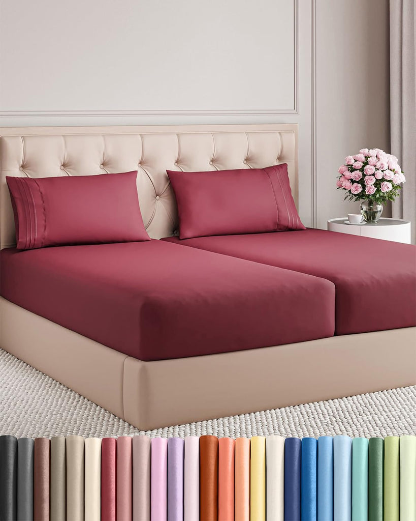 Split King Size 5 Piece Sheet Set - Breathable & Cooling Sheets - Burgundy