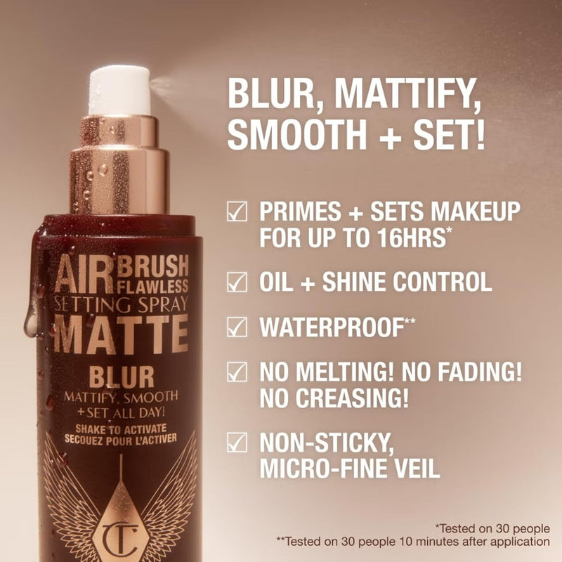 Charlotte Tilbury Airbrush Flawless Matte Setting Spray – Ulta-Fine Mist to Prime & Set Makeup Up to 16Hr – Oil and Shine Control with Blurring Matte Finish, Humidity & Waterproof