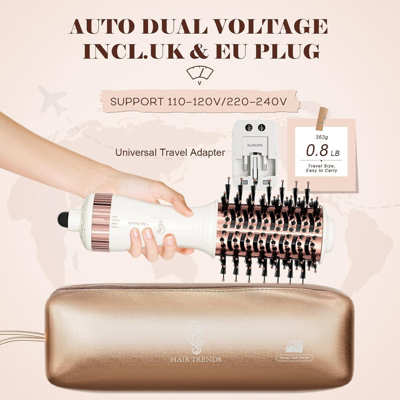 Cepillo Secador de Viaje 2 en 1, Mini Cepillo de Aire Caliente de Doble Voltaje 110V-240V, Hair Trends Nano Titanium de 2 Pulgadas Secador de Cabello y Estilizador Voluminizador de Un Solo Paso Forma