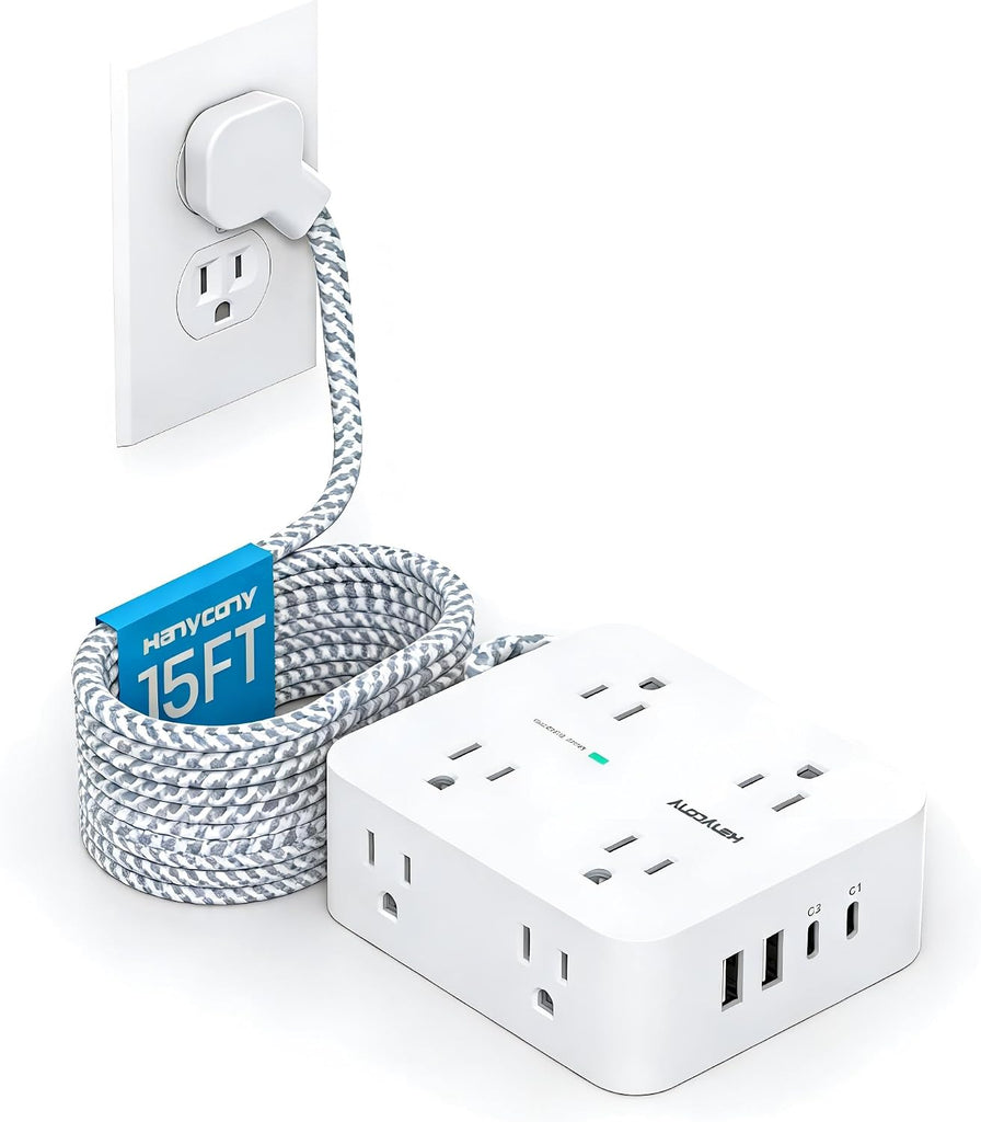 PD30W USB C Power Strip Surge Protector 15Ft, 1080J Desk Charging Station