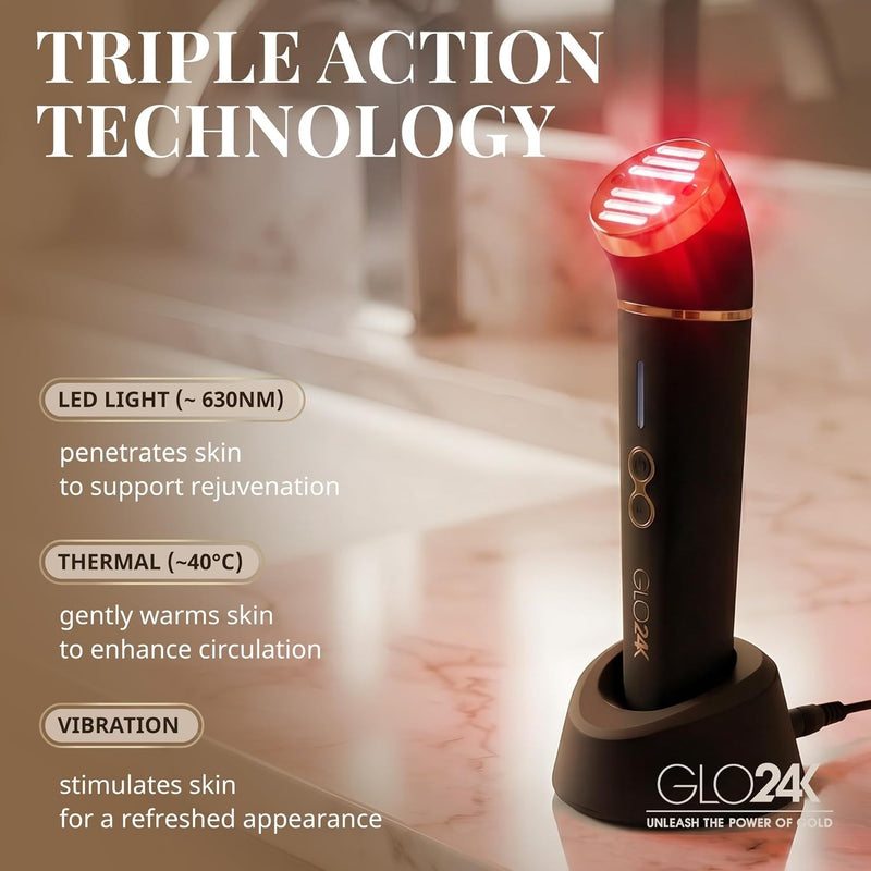 GLO24K UNLEASH THE POWER OF GOLD GLO24K - Dispositivo de belleza de luz roja para cara y cuello, masajeador facial y cuello 3 en 1 con triple LED y tecnología de vibración avanzada