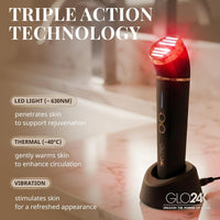 GLO24K UNLEASH THE POWER OF GOLD GLO24K - Dispositivo de belleza de luz roja para cara y cuello, masajeador facial y cuello 3 en 1 con triple LED y tecnología de vibración avanzada