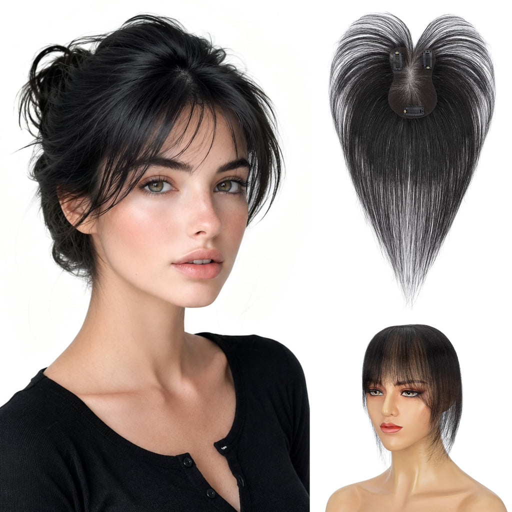 Hairro Clip In Bangs Short Hair Toppers For Women 14" 14g #1B Natural Black