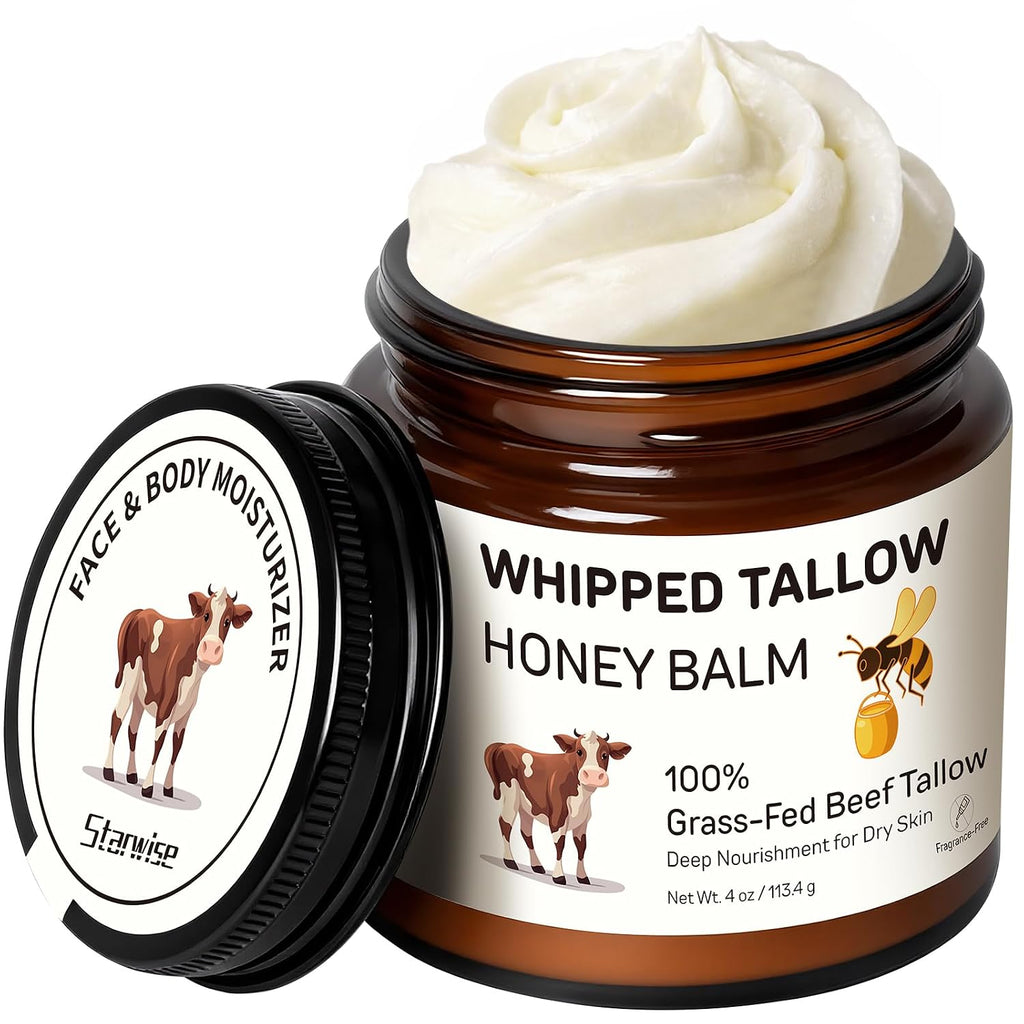 Starwise Beef Tallow for Skin, 100% Grass-Fed Whipped Beef Tallow and Honey Balm, Moisturizer for Face & Body, Natural F